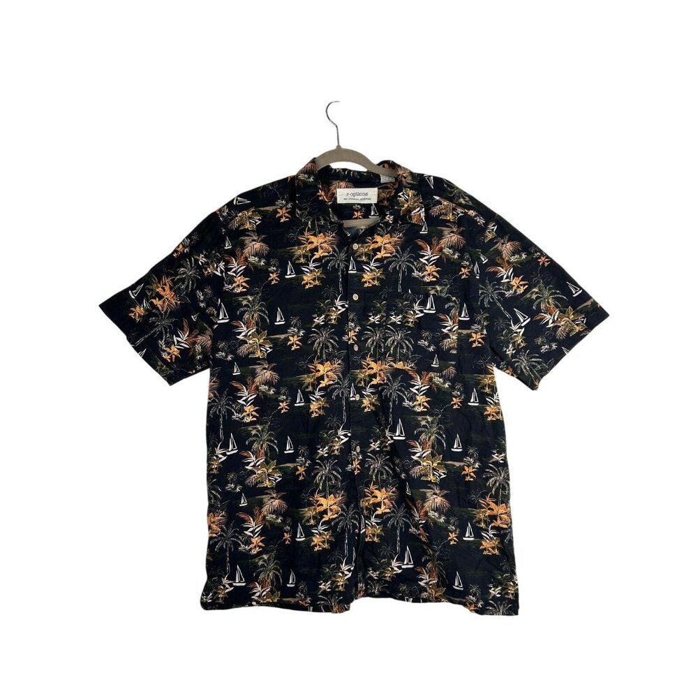 R-Options Men's Hawaiian Style Black Tropical Button-Up Shirt XL 100% Cotton